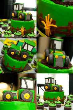 there is a cake made to look like a tractor on the farm with green frosting