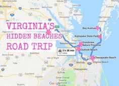 a map with the words virginia's hidden beaches road trip in pink on it