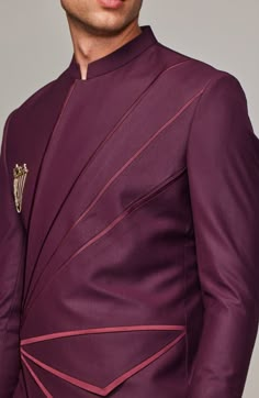 Maroon Asymmetric Bandhgala with maroon satin piping detailing. Piping, Satin