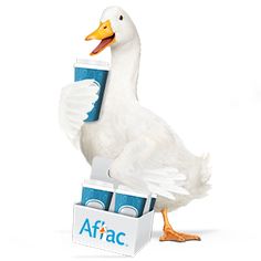 a white duck standing next to an affac box