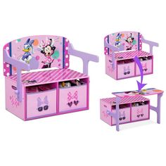 a pink toy desk with minnie mouse furniture