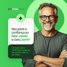 a man with glasses is smiling and has his arms crossed in front of him, which reads recupre a confianza ao flair, comer e claro, sorry