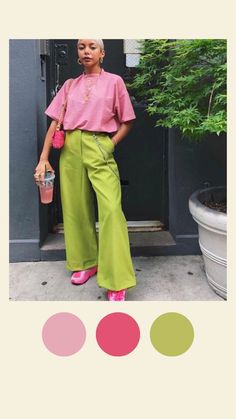 Pistachio Green Pants Outfit, Lime Green Jeans Outfit, Pink And Lime Green Outfits, Lime Green And Pink Outfit, Lime Trousers Outfit, Chartreuse Outfit Color Combinations