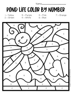 a color by number page with the words, pond life color by number on it