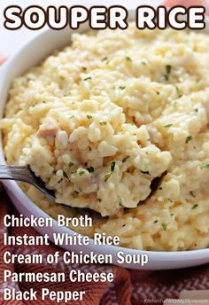 chicken broth instant white rice with parmesan cheese and black pepper in a bowl