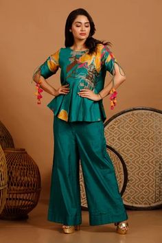 Shop for Garo Blue Silk Muslin Printed Peplum Top And Flared Pant Set for Women Online at Aza Fashions Printed Peplum Top, Purple Blouse, Fashion App, Fabric Silk, Blue Silk, Blue Pants, Pant Set, Set For Women, Festival Wear