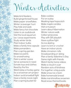 the winter activities list is shown with snowflakes in blue and white on it