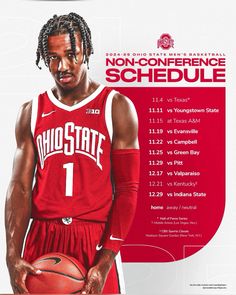 a man holding a basketball on top of a red and white poster with the words no - conference schedule