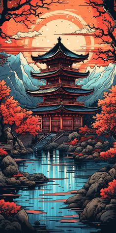 Asian Pagoda, Japanese Wallpaper, Japanese Wallpaper Iphone, الفن الرقمي, Japanese Pop Art, Japanese Art Prints