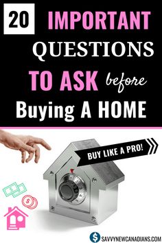 a hand reaching for a house with the words, 20 important questions to ask before buying a home