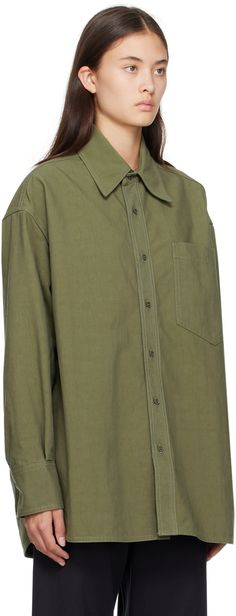 Nylon- and cotton-blend canvas shirt. · Spread collar · Button closure · Patch pocket · Shirttail hem · Single-button barrel cuffs · White stitching at back collar Supplier color: Khaki Pocket Shirt, Mm6 Maison Margiela, Green Shirt, Color Khaki, Patch Pocket, Apparel Accessories, Barrel, Top Shirt, Top Brands