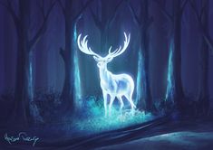 a deer standing in the middle of a forest with blue lights on it's antlers