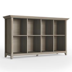 an open bookcase with several shelves on each side and two doors at the top