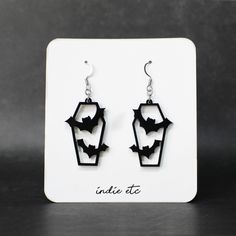 Black Laser Cut Jewelry As Gift, Black Laser Cut Jewelry Gift, Bat Clay Earrings, Halloween Acrylic Earrings, Halloween Dangle Metal Earrings, Bat Hoop Earrings, Black Bat Jewelry, Coffin Earrings, Pen Ideas