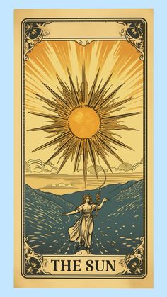 the sun tarot card with an image of a woman holding her arms out in front of