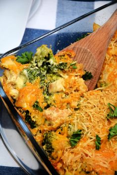 a casserole dish with broccoli and cheese