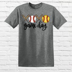 Have a house full of ball players? A combo baseball/softball game day tee is what you need to show your support at the ball fields!  Comes in sizes Adult Small-Adult 4XL and in a unisex fit. This tee is the Gildan Soft Style Tee which is a new buttery soft, premium tee that comes in MANY colors. See the color chart in the item pictures for choices. All tees ship to you for a flat rate of $3. Orders over $35 ship FREE! Don't hesitate to ask any questions you may have!                                   All tees from MrsMacTees are made-to-order, custom creations that are produced after you order. Due to the custom nature of my products I do not accept returns or exchanges, but please do reach out if you have any issues. I want you to love your tee and will always help if I can!  Care Instruc Softball Game Day, Softball And Baseball, Softball Tees, Columbus Ga, Baseball Softball, Soft Style, Color Chart, Fashion Tees, Custom Creations