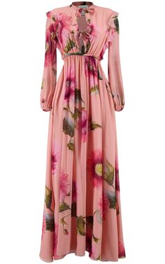 Botanic Blow Up-print Silk Georgette Gown Giambattista Valli Georgette Maxi Dress, Georgette Gown, International Clothing, Pink Gowns, Giambattista Valli, Pink Silk, Tie Neck, Floral Maxi Dress, Cut Outs