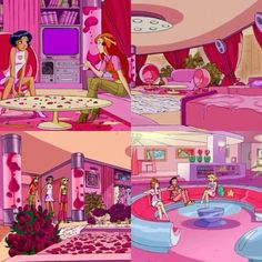 the pink room is filled with cartoon characters