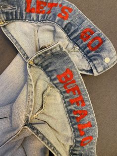 Football Mom Jean Jacket, Gameday Denim Jacket, Diy Custom Clothes Ideas, Buffalo Bills Jean Jacket, Chiefs Denim Jacket, Game Day Jean Jacket, Chiefs Jean Jacket, Jean Jacket Design Ideas, Football Jean Jacket