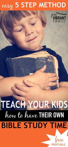 a young boy reading a book with the title teach your kids how to have their own bible study time