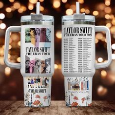 two travel mugs with the names taylor swift and taylor swift on them, sitting next to each other