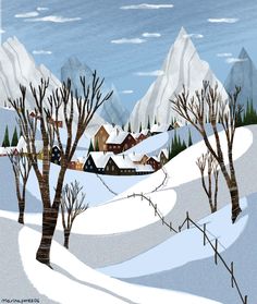 a snowy landscape with houses and trees in the foreground