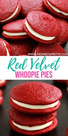 red velvet whoopie pies stacked on top of each other with the title text overlay