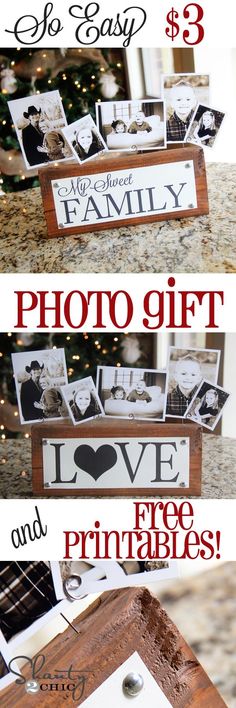 two pictures with the words photo gift and free printables on them are displayed in front of a christmas tree