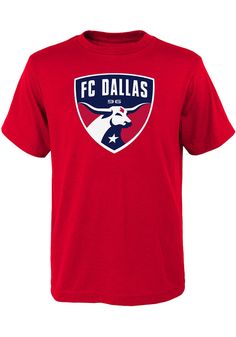 Your future FC Dallas will be ready for the game with this FC Dallas Youth Red Short Sleeve Tee. This Primary Logo T-Shirt features a screen print team graphic on center chest with double stitched hemlines and a ribbed crew neck. Screen print team graphic on center chest, Double stitched hems, Ribbed crew neckline, Great for any young sports fan!, 100% Cotton, Machine Washable, DOMESTIC University Red T-shirt With Team Name For Fans, Sports Event Jersey T-shirt With Team Logo, Team Logo Baseball T-shirt, Collegiate Team-colored T-shirt With Logo, Sports Season Team-colored T-shirt Fan Merchandise, Team-colored T-shirt For Sports Season Fan Merchandise, Team-colored Crew Neck T-shirt For Game Day, Baseball Season Team Logo T-shirt, Team Spirit Jersey T-shirt With Team Name