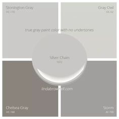 four shades of gray and white paint with the names of different colors on them, including one