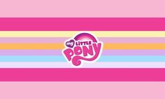 the logo for my little pony on a pink and blue striped background with rainbow stripes