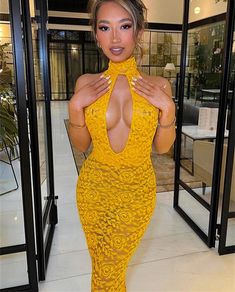 Yellow Lace Maxi Dress : Fabric Type: Lace Neckline: Halter Decoration: Backless Dresses Length: Ankle-Length Type: Neck-mounted Gender: WOMEN Summer Elegance, Backless Dresses, Yellow Maxi Dress, Sheer Maxi Dress, Yellow Maxi, Lace Neckline, Yellow Lace, Lace Maxi, Lace Maxi Dress