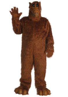 a man in a bigfoot costume standing with his hand up to the side,