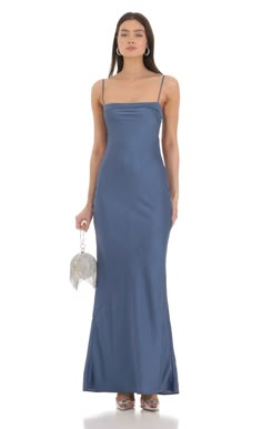 Satin Open Back Maxi Dress in Blue | LUCY IN THE SKY Evening Slip Dress With Square Neck And Tie Back, Elegant Blue Tie Back Slip Dress, Elegant Blue Slip Dress With Tie Back, Party Satin Slip Dress With Tie Straps, Evening Strappy Slip Dress With Tie Back, Strappy Evening Slip Dress With Tie Back, Strappy Tie-back Slip Dress For Evening, Blue Backless Slip Dress With Tie Back, Strappy Satin Slip Dress For Spring