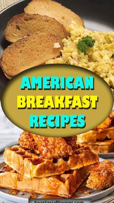 an image of american breakfast recipes on a plate with bread and vegetables in the background