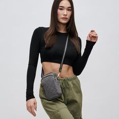 Woman wearing Carbon Sol and Selene Divide & Conquer - Quilted Crossbody 841764108256 View 1 | Carbon Cloud Bag, Compact Bag, Cell Phone Bag, Exterior Details, Phone Wallet, Phone Bag, Trending Now, Small Items, Interior Details