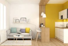 a living room filled with furniture and yellow walls