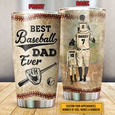 two baseball themed tumblers with the words best baseball dad ever and an image of a batter