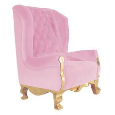 a pink chair with gold trimmings on the arm and back, against a white background