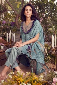 Shop for Prisho Blue Dori Chanderi Kaftan And Pant Set for Women Online at Aza Fashions Kaftan Sleeves, V Neck Kaftan, Dori Embroidery, Dhoti Pants, Draped Skirt, Pattern Embroidery, Satin Color, Silk Organza, Pants Pattern