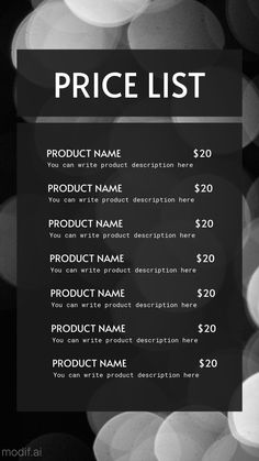 a black and white price list with lights in the background