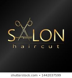 a salon logo with scissors and haircuts on black background, suitable for use in advertising