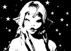 a black and white drawing of a woman with stars in the background