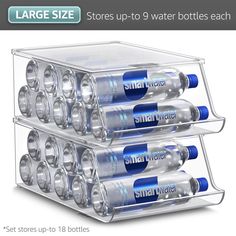 three clear water bottles stacked on top of each other in front of a white background