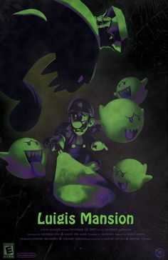 an advertisement for luigi's mansion with green and purple graphics