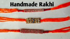 three orange string bracelets with beads on them