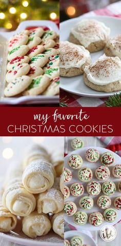 christmas cookies and desserts are shown in this collage with the words, my favorite christmas cookies