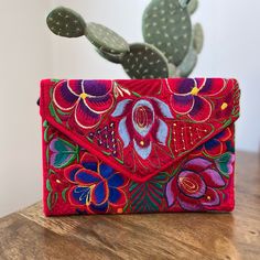 Handmade In Mexico Floral Embroidered Crossbody Bag, You Can Hide The The Long Strap And Use It Like A Clutch Measure 7x10 Fully Lined With Zipper Snap Button Closure Mexican Purses Handmade, Embroidered Red Pouch Clutch, Red Embroidered Pouch Clutch, Red Embroidered Pouch Bag, Red Bags With Floral Embroidery For Daily Use, Red Floral Embroidered Bag For Daily Use, Red Floral Embroidery Bag For Everyday Use, Red Floral Embroidery Bag For Daily Use, Red Floral Embroidered Everyday Bags