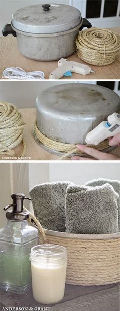 three pictures showing how to make a rope wrapped basket with soap and toothbrushes